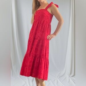 Charter Club Tie Sleeve 100% Cotton Eyelet Tiered Midi Sundress Lined Women PS
